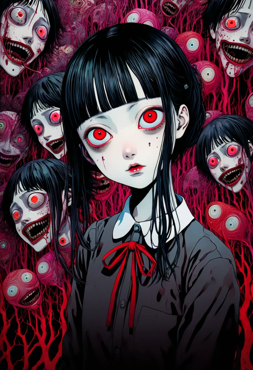 surreal horror, anime style, directed by Junji Ito, high contrast, vivid colors, eerie atmosphere, psychological tension, intricate line work, decapitated heads