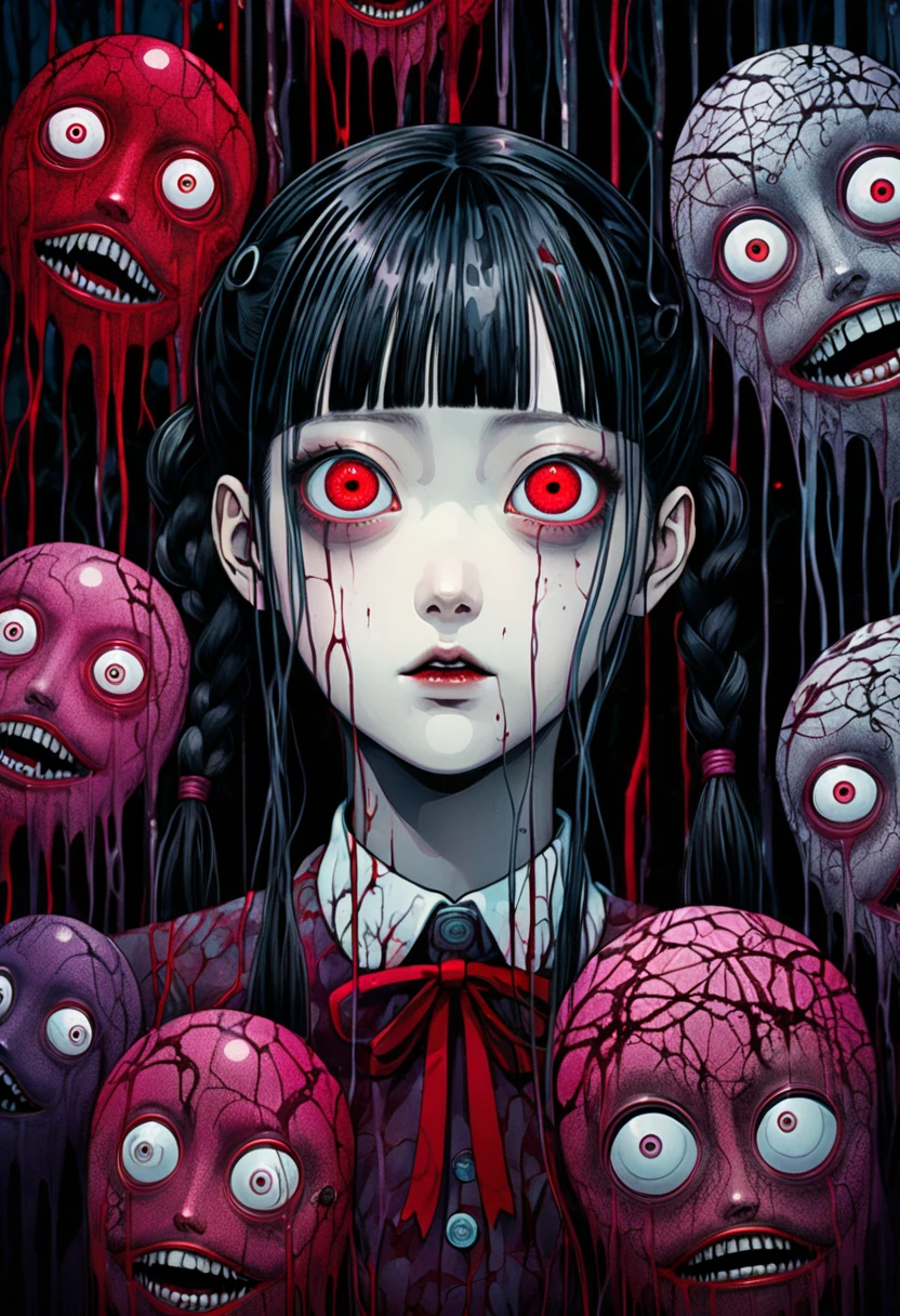 surreal horror, anime style, directed by Junji Ito, high contrast, vivid colors, eerie atmosphere, psychological tension, intricate line work, decapitated heads