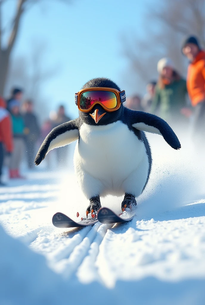 A penguin skiing in a sprint, wearing snow gear and goggles, with surprised spectators in the background, realistic style, high detail, action scene, winter sports environment