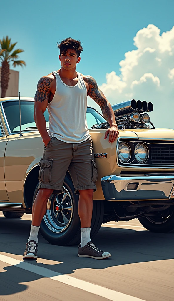 Itt van a kiegészített prompt:
"A hyper-realistic, 8K image featuring a heavily muscular Hugh Jackman, wearing a white tank top and white Converse sneakers. He has a Mexican-style bandana tied around his head, resembling a gang member. Hugh is leaning back against a 1964 Chevrolet Impala, parked beside him. He has the iconic Wolverine hairstyle from the movies, and his fists are raised in front of his face, crossed in an 'X' shape, with his muscles tensed. The well-known metal claws from the Wolverine films extend from his knuckles, and he holds them in front of him in an 'X' formation. The background depicts a gritty suburban neighborhood in Compton, with run-down houses, overgrown lawns, and a tough, urban vibe."