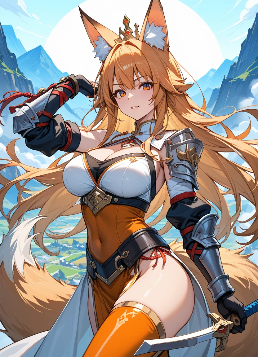 Anime screencap, masterpiece, best quality, detailed face, detailed eyes, 1girl, blonde hair, medium breasts, blue eyes, pelt, ((pelt loincloth)), spear,gloves, bandages, jumping, smiling, blushing, full body, looking at the viewer, outdoors, hill, valley <lora:Elina:0.9>