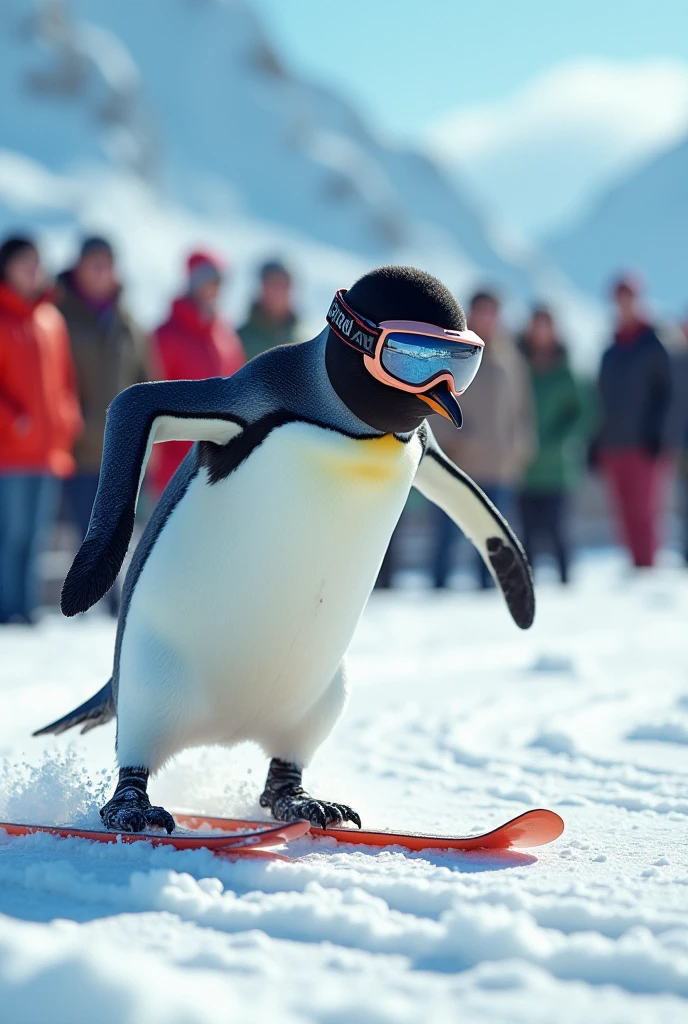 A penguin skiing in a sprint, wearing snow gear and goggles, with surprised spectators in the background, realistic style, high detail, action scene, winter sports environment