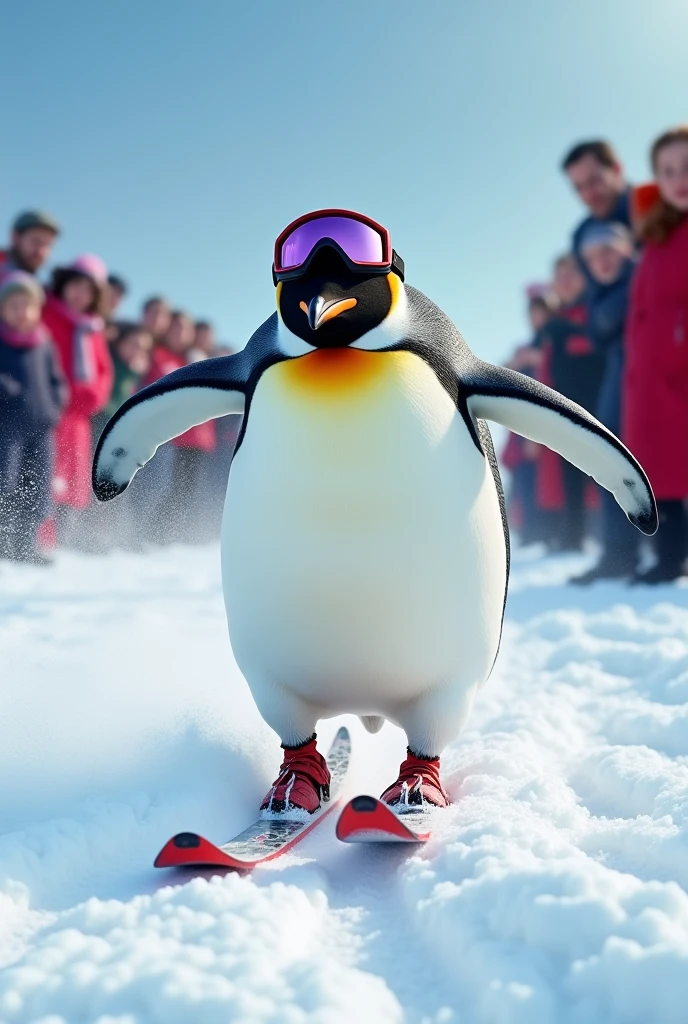 A penguin skiing in a sprint, wearing snow gear and goggles, with surprised spectators in the background, realistic style, high detail, action scene, winter sports environment