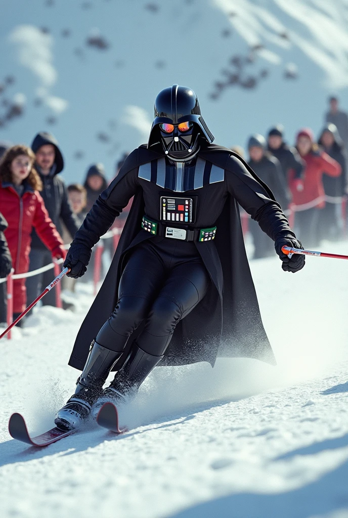 Darth Vader skiing in a sprint competition, wearing snow gear and goggles, with surprised spectators in the background, realistic style, snow-covered mountains, dynamic action pose, detailed facial expressions of onlookers