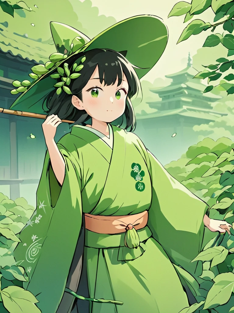 Japanese woman in kimono, witch, cartoon, green beans, with green beans elements, Japanese environment background