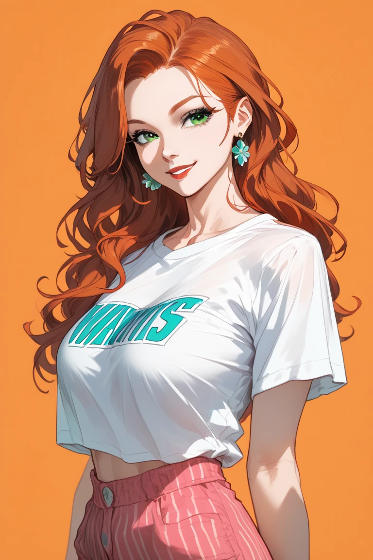 1 woman,  Long Hair Shiny Hair 2 Sides ,  Mint Green Eyes ,  Pink Round Eye Wrap ,  Vintage Short Sleeve T-Shirt, Bright Red Lip ,  Bright Orange Background ,  boobs,  boobsใหญ่,  wearing black earrings ,  looks at the audience , smile,  Masterpiece, precise,  high definition ,  Redhead,  Simple Background , Silhouette, 