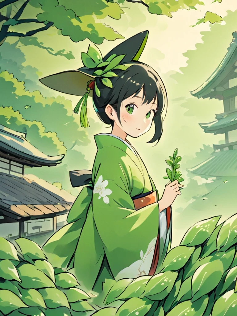 Japanese woman in kimono, witch, cartoon, green beans one by one, Japanese environment background