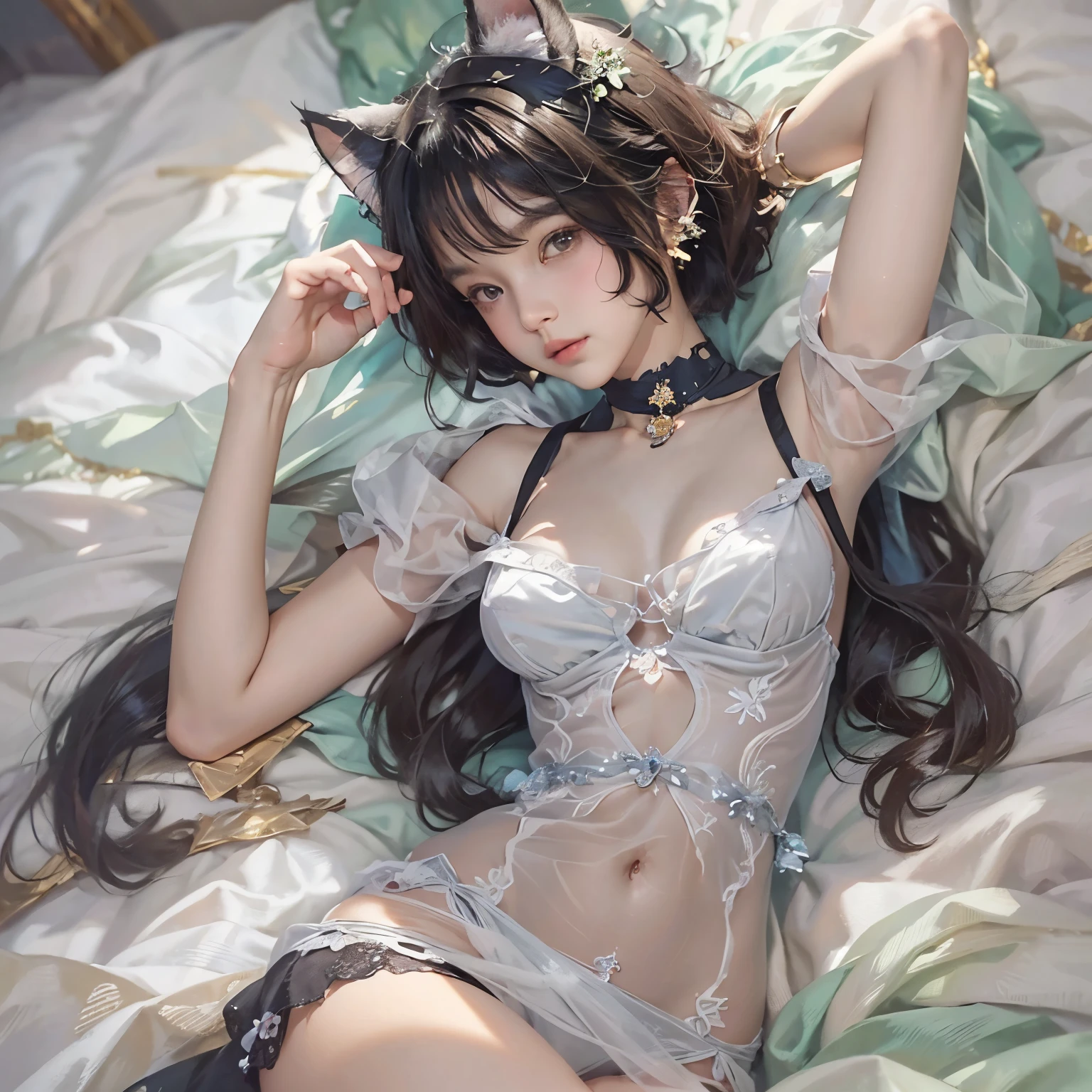 ( top quality, masterpiece,  high definition )、 8K Anime Art 、( one woman、20 years old)、whole body、 ( depicts cute faces in detail)、 black hair、 short hair、 semi-long、 bob cut、Hair Bun、 hair ornaments、(Cat ears)、 Black Cat Costume 、 White cat costume  、 Choker、(sheer chiffon lingerie)、 sexy mini dress、 beautiful and attractive 、 embarrassed face、Expressions of joy、small breasts、(  lying down on the bed :1.2)、( Sensual World)、( soft focus )、(Bokeh:1.2)、Cinematic Light、Soft light、(indoor、dim、lamp)、(simple background)、(blank background)、( fractal art )、( Alphonse Mucha style)、