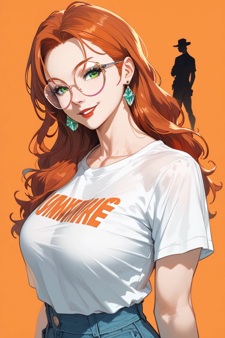 1 woman,  Long Hair Shiny Hair 2 Sides ,  Mint Green Eyes , Put on pink round glasses,  Vintage Short Sleeve T-Shirt, Bright Red Lip ,  Bright Orange Background ,  boobs,  boobsใหญ่,  wearing black earrings ,  looks at the audience , smile,  Masterpiece, precise,  high definition ,  Redhead,  Simple Background , Silhouette, 