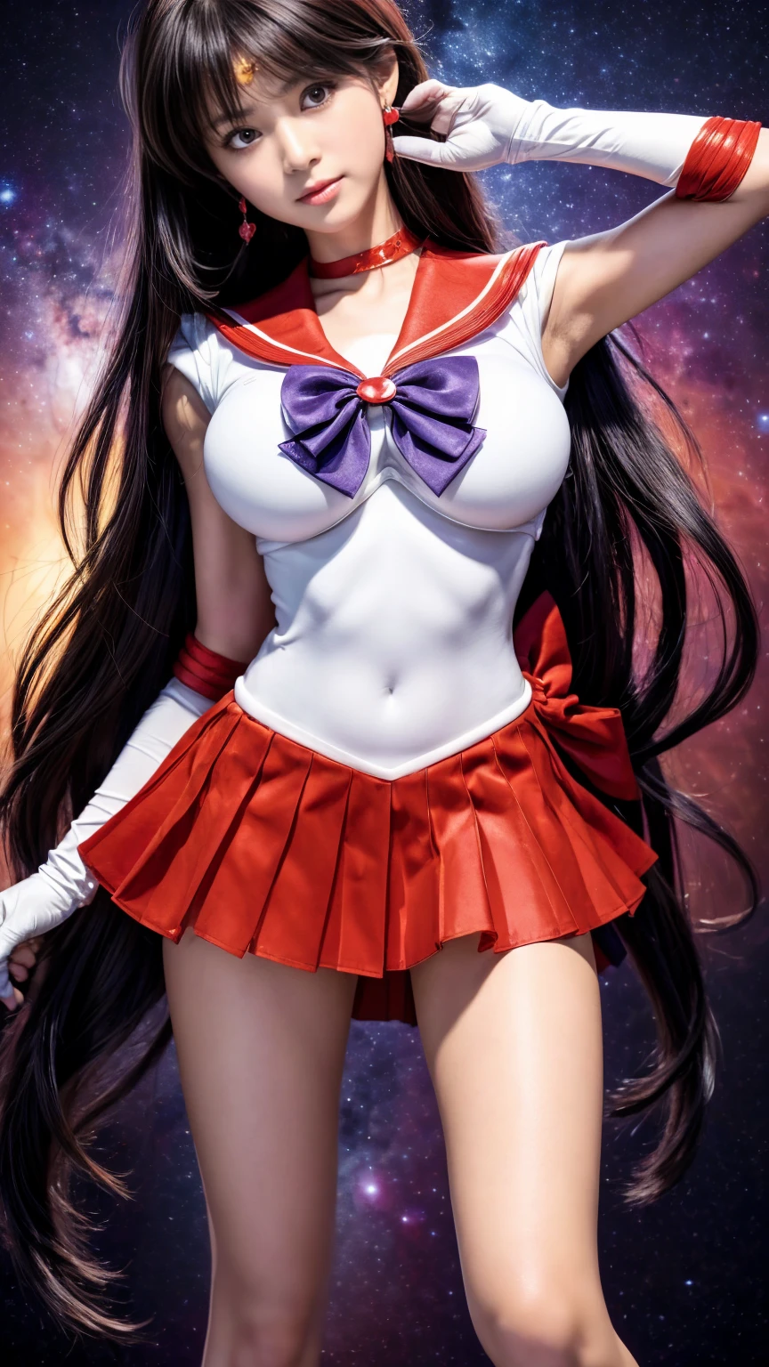 Product quality,  1 girl,  cowboy shot of a man,(Thigh Emphasis:1.4),(young and beautiful Japanese women ,  perfect anatomy),(well-proportion),(Sailor Warrior Uniform),(space background,universe,Mars, inflammation,red inflammation:1.4), Positive Little Smile  ,(red sailor collar  ),(  Red hair ribbon :1.3),Deep waistline,(Red Ultra Short Pleated Mini Skirt  :1.4),(  skirt flip:1.3),(  White Panties  :1.3),カップ付き earrings with cups,  tiara  ,   red choker  ,bow,White gloves,  JEWELRY, earrings with cups,  very beautiful face  ,Cute type,(Slightly round face),baby face,Glossy lips,  beautiful big eyes  , gray eyes,  Double eyelids are visible ,(  natural makeup  ),  Shiny Smooth Black Long Hair,asymmetrical bangs,Floating Hair Nova Frog Style,【  imaging center  ,8k resolution,  attention to detail,Detailed hairstyle,Detailed face, movie lighting ,  octane rendering , God of Fire Super Real,perfect body,Beautiful legs,  my thighs are thick ,Big Breasts,  perfect anatomy,  Divide it diagonally 、feet ,(Sailor Warrior Pose  :1.3)