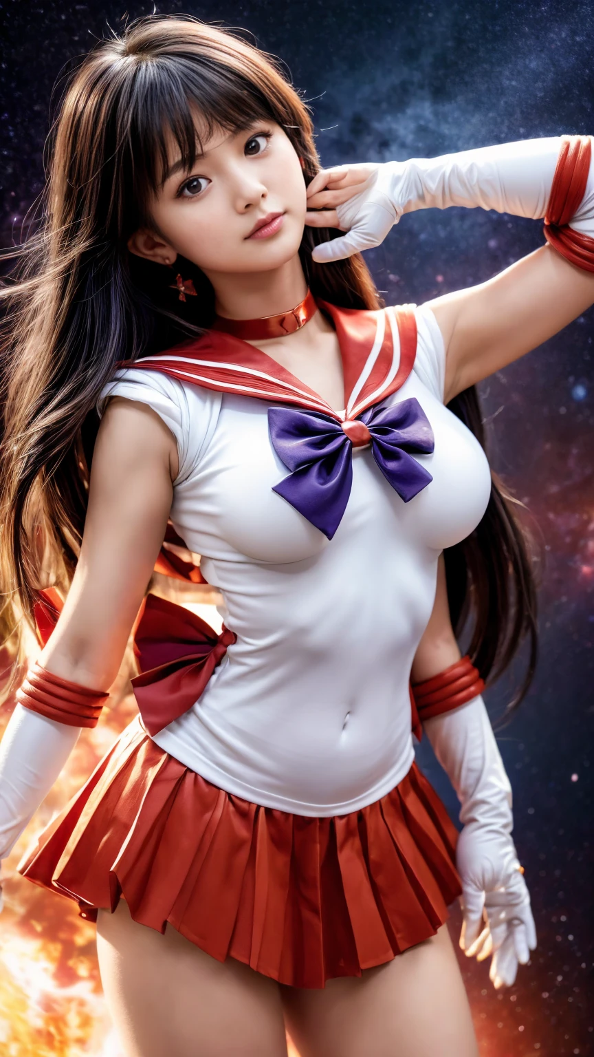 Product quality,  1 girl,  cowboy shot of a man,(Thigh Emphasis:1.4),(young and beautiful Japanese women ,  perfect anatomy),(well-proportion),(Sailor Warrior Uniform),(space background,universe,Mars, inflammation,red inflammation:1.4), Positive Little Smile  ,(red sailor collar  ),(  Red hair ribbon :1.3),Deep waistline,(Red Ultra Short Pleated Mini Skirt  :1.4),(  skirt flip:1.3),(  White Panties  :1.3),カップ付き earrings with cups,  tiara  ,   red choker  ,bow,White gloves,  JEWELRY, earrings with cups,  very beautiful face  ,Cute type,(Slightly round face),,Glossy lips,  beautiful big eyes  , gray eyes,  Double eyelids are visible ,(  natural makeup  ),  Shiny Smooth Black Long Hair,asymmetrical bangs,Floating Hair Nova Frog Style,【  imaging center  ,8k resolution,  attention to detail,Detailed hairstyle,Detailed face, movie lighting ,  octane rendering , God of Fire Super Real,perfect body,Beautiful legs,  my thighs are thick ,Big Breasts,  perfect anatomy,  Divide it diagonally 、feet ,(Sailor Warrior Pose  :1.3)