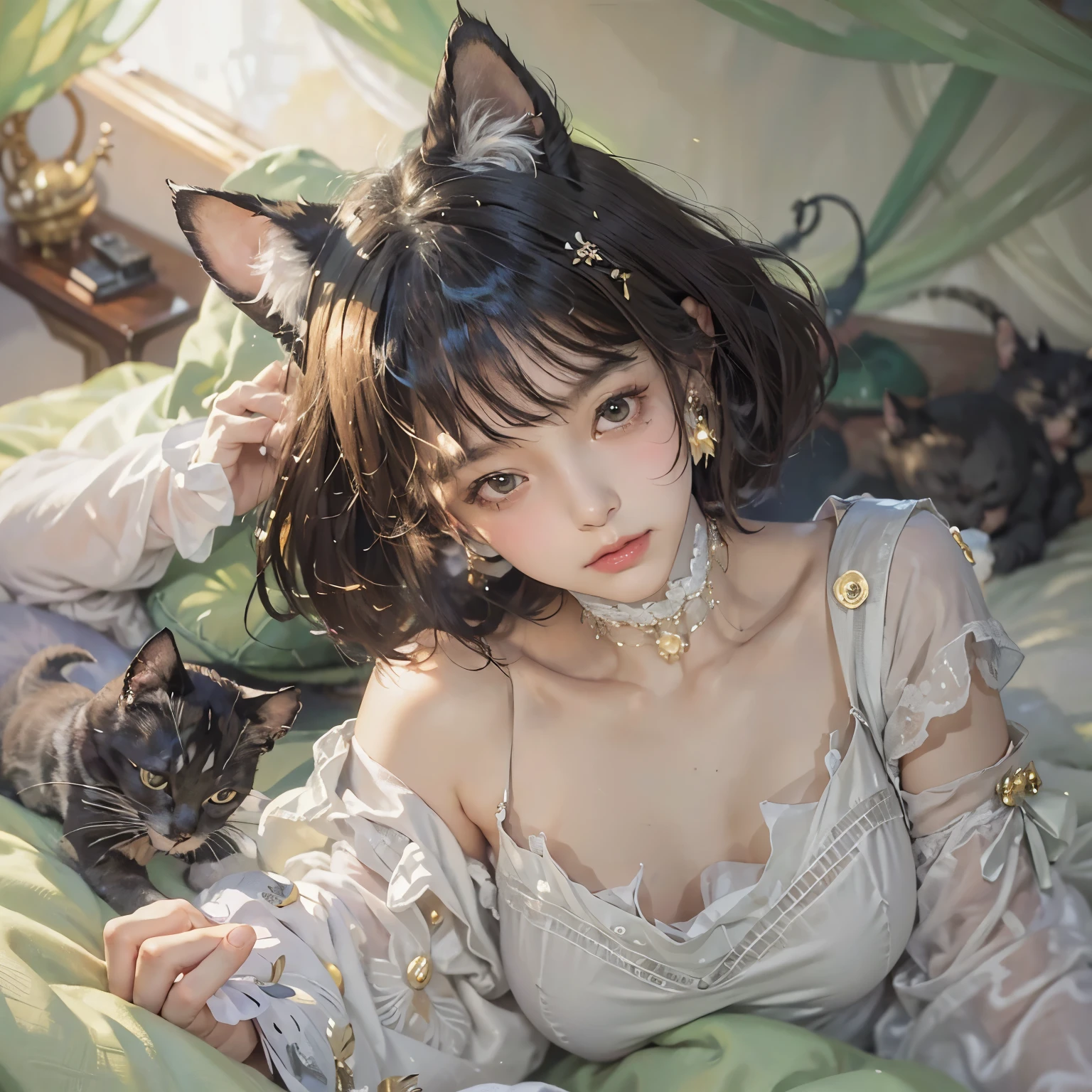 ( top quality, masterpiece, high definition )、 8K Anime Art 、( one woman、20 years old)、whole body、 ( depicts cute faces in detail)、 black hair、 short hair、 semi-long、 bob cut、Hair Bun、 hair ornaments、(Cat ears)、 Black Cat Costume 、 White cat costume 、 Choker、(sheer chiffon lingerie)、 sexy mini dress、 beautiful and attractive 、 embarrassed face、Expressions of joy、small breasts、( lying down on the bed :1.2)、( Sensual World)、( soft focus )、(Bokeh:1.2)、Cinematic Light、Soft light、(indoor、dim、lamp)、(simple background)、(blank background)、( fractal art )、( Alphonse Mucha style)、