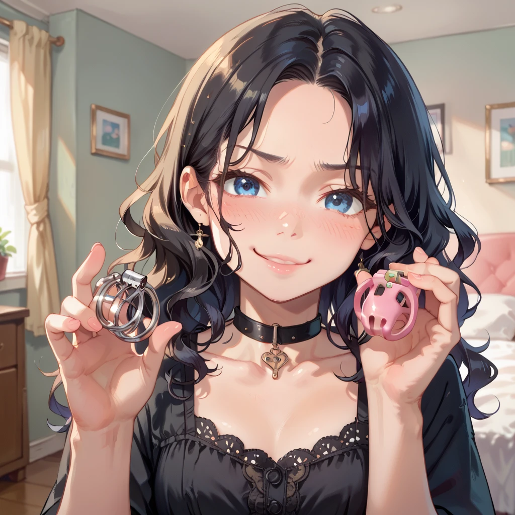 score_9, score_8_up,  highly detailed, 1girl, black skin girl, smirk , blush, ((holding chastity cage)),  choker, black hair, wavy hair, blue eyes,