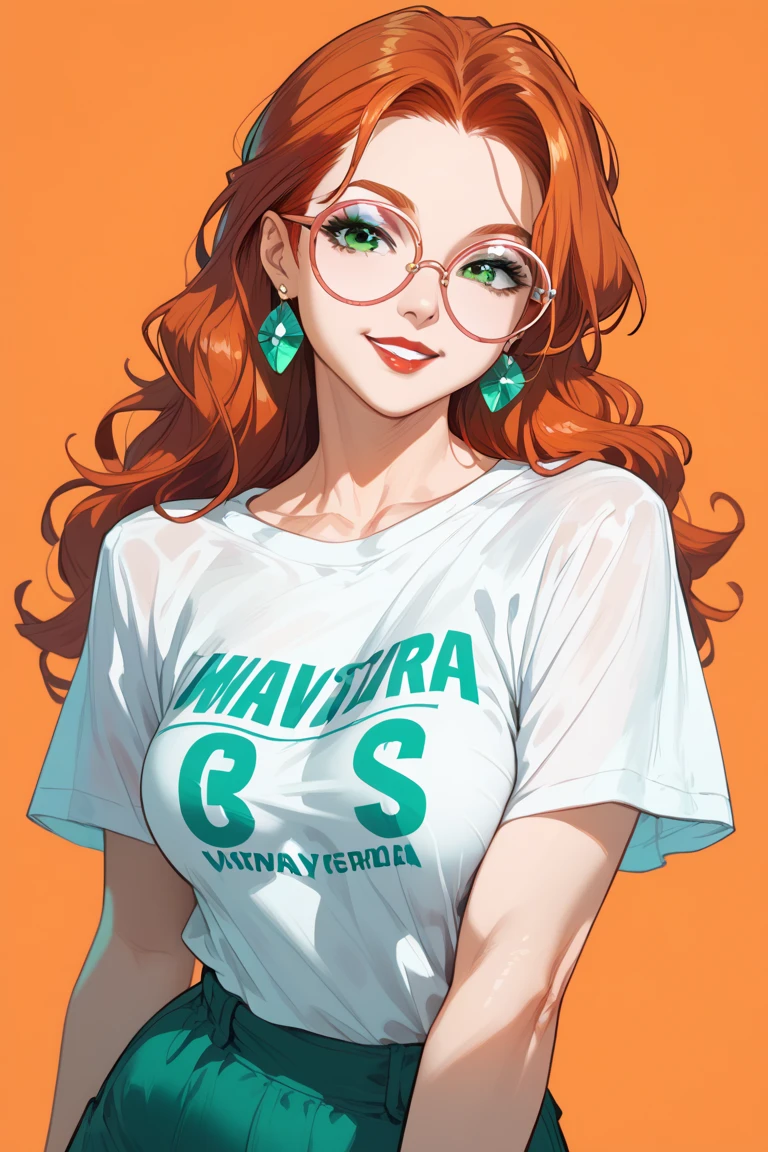 1 woman, Green long hair tied on 2 sides ,  Mint Green Eyes , Put on pink round glasses,  with a vintage short-sleeved T-shirt, Bright Red Lip ,  Bright Orange Background ,  boobs,  boobsใหญ่,  wearing black earrings ,  looks at the audience , smile,  Masterpiece, precise,  high definition ,  Redhead,  Simple Background , Silhouette, 