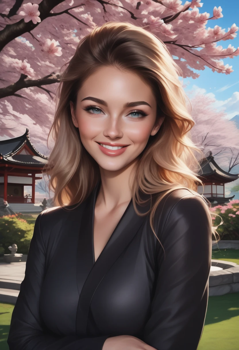 ((Best quality)), ((masterpiece)), ((realistic)), Girl with flawless beauty standing in a serene Japanese garden with cherry blossoms on eye level, scenic, masterpiece, (highres), original, extremely detailed 8K , (photorealistic:1.4),flawless face, perfect eyes,symmetrica body shape,smile, 