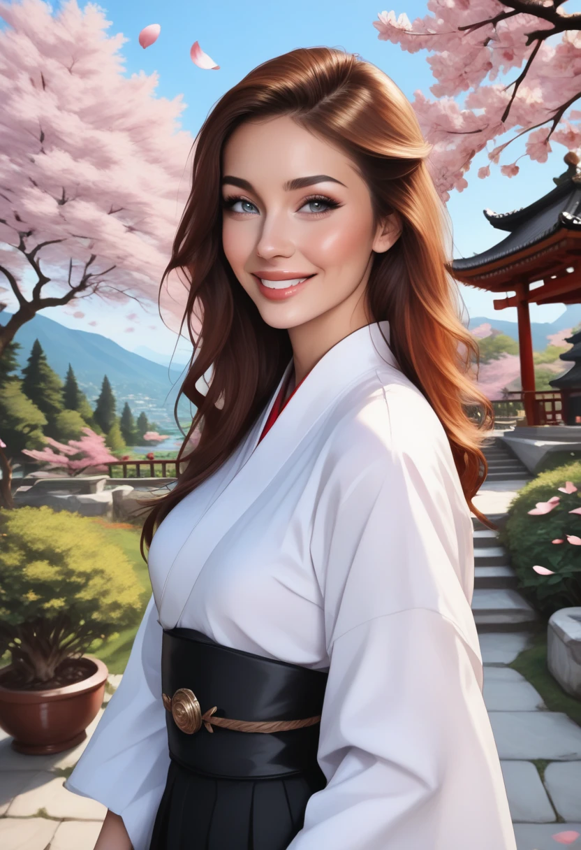 ((Best quality)), ((masterpiece)), ((realistic)), Girl with flawless beauty standing in a serene Japanese garden with cherry blossoms on eye level, scenic, masterpiece, (highres), original, extremely detailed 8K , (photorealistic:1.4),flawless face, perfect eyes,symmetrica body shape,smile, 