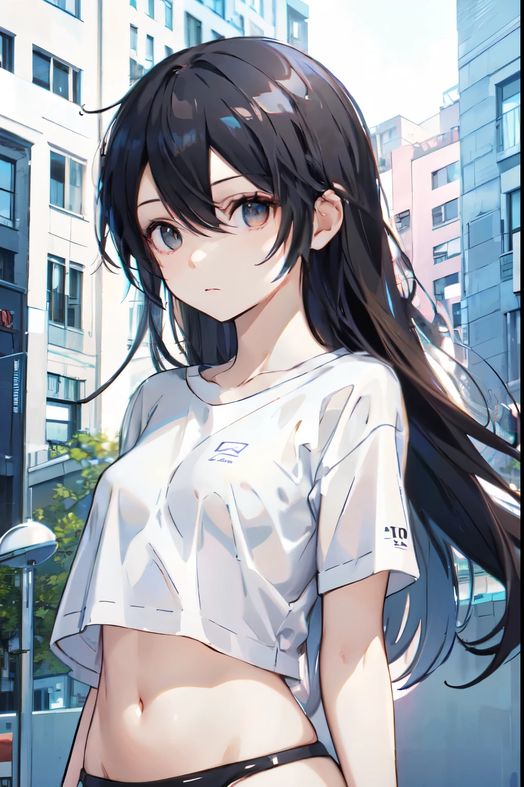   are of the best quality,   high resolution,、  Brown Eyes  、High Aims、 Black Hair、( long hair:1.3),  Straight Hair  、7 Really Small  、Navel、  White Short Sleeve Tee
Ong hair，Female Kirito  ， big breasts (d), Chest, 