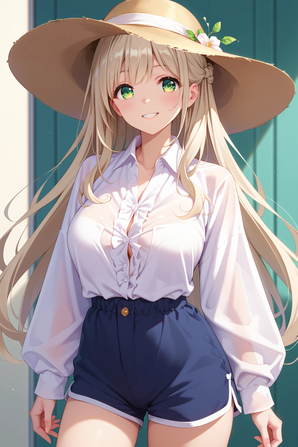 masterpiece, best quality, 8k Ultra HD, extremely delicate detailed, nonomi izayoi, cowboy shot, (no hat:1.3), shoot from front, solo, beautiful face, light green eyes, (finely detailed eyes, beautiful eyes), large and beautiful breasts, (long hair, light Ivory hair), light smile, blush, standing, (baggy clothes:1.2), (tented shirt:1.3), shirt overhang, [Low rise shorts],