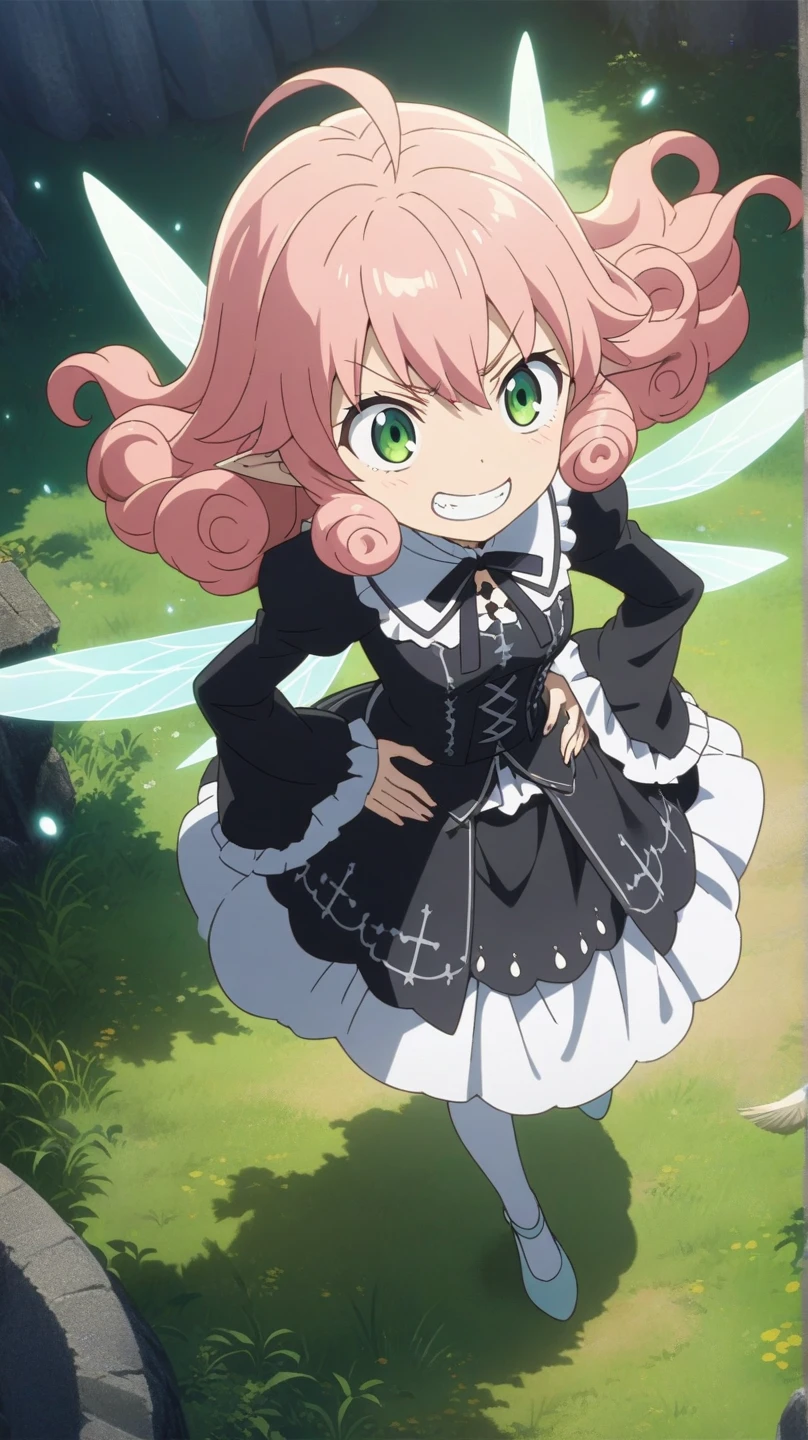 a fairy girl, pinkorange hair, long hair, curly hair, fluffy hair, ahoge, green eyes, slant eyes, narrow eyes, grinning, evil smiling, juliet sleeves, sleeves past fingers Light_Aqua gothic lolita, white tight pants under skirt, Light_Aqua ballet slippers, Four dragonfly-like wings, floating, flying, hands on own hips, a wooden lighthouse with a stone base in a grassland background, dappled sunlight, fantasy, mysterious atmosphere, aerial view, Bird’s-eye view, anime, illustration, masterpiece, best quality, detailed, fast shutter speed, 2d anime, best hands