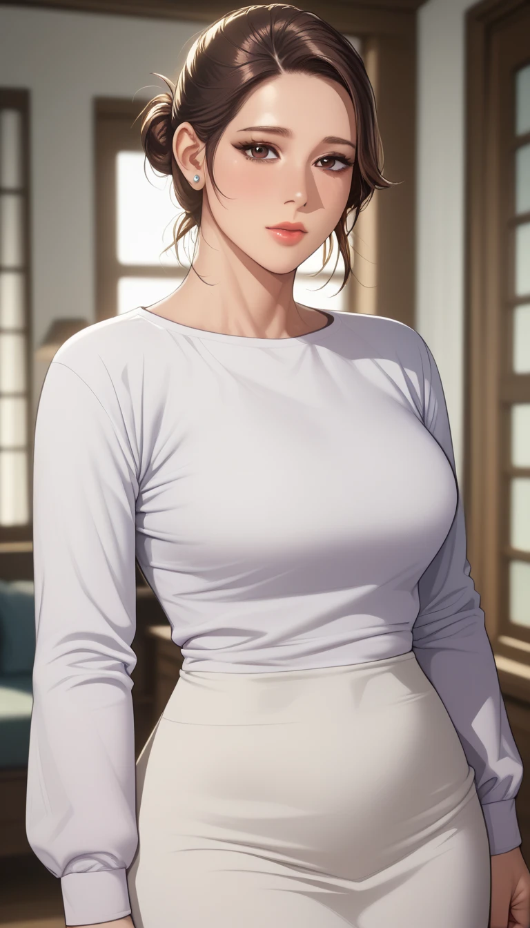 (masterpiece, best_quality:1.2), 1girl, solo, mature female, a1m33, brown hair, low bun, (housewife:1.5, casual clothes, skirt, long sleeves), beautiful eyes, female focus, large breast, wide hips, looking at viewer, ((close up shot)) ((solo)) detailed, very high resolution, no blurry image, (cowboy shot), standing, beautiful, serene expression, intricate details, detailed background, indoors