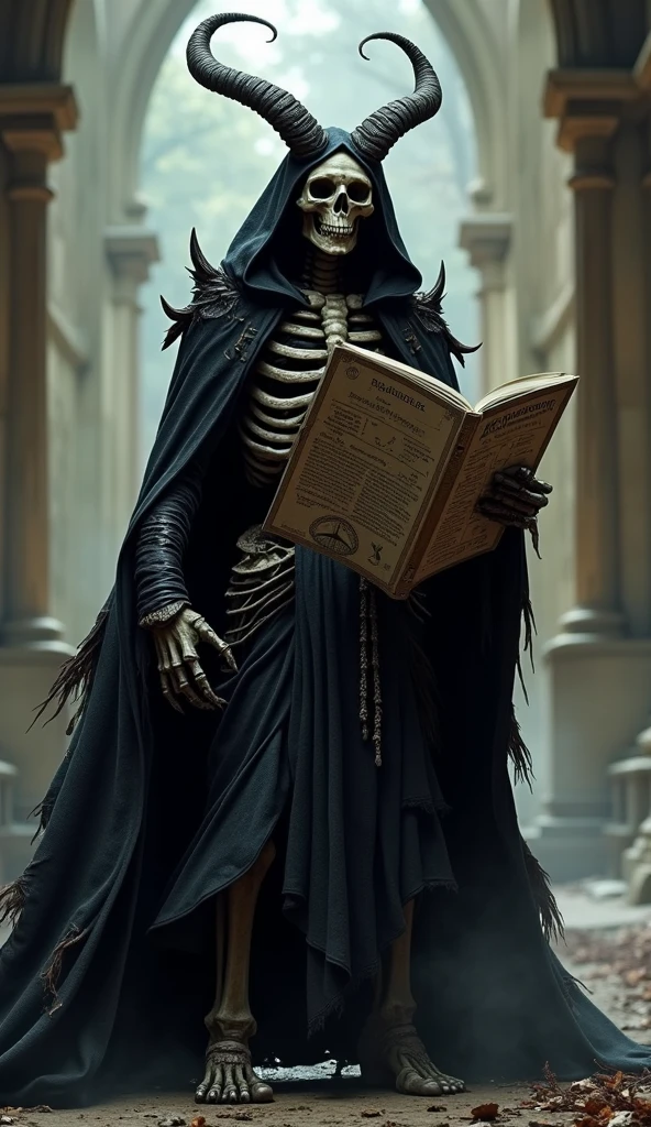 tiefling skeleton, dnd character, black cloak, magazine, statistics, lines pointing to clothing and gear, detailed character from a dark, high epic fantasy, lots of details, graphs --ar 9:16