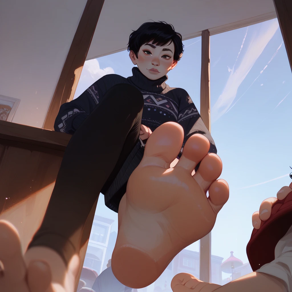 Young man, asian, black hair, straight hair, sweater, from below, low angle, footstomp, barefoot, feet, foot focus, soles, toes, foreshortening, view from below, (incase:0.35), five toes