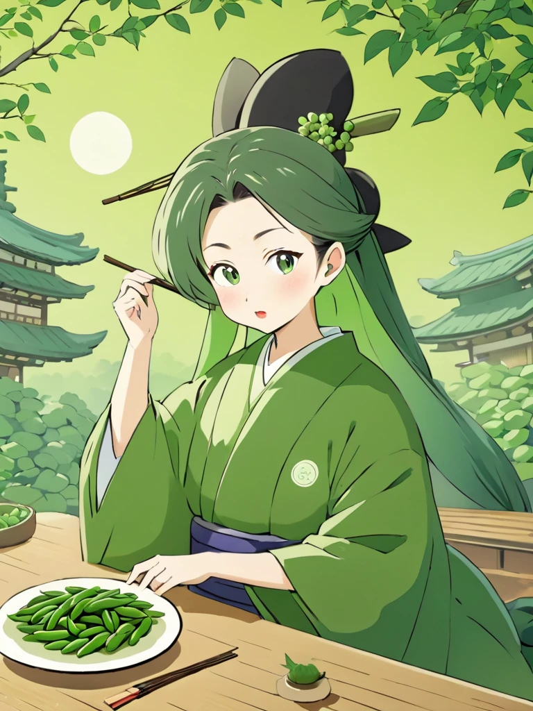 Japanese woman in kimono, witch, cartoon, green beans background, round green beans on the table, Japanese environment background