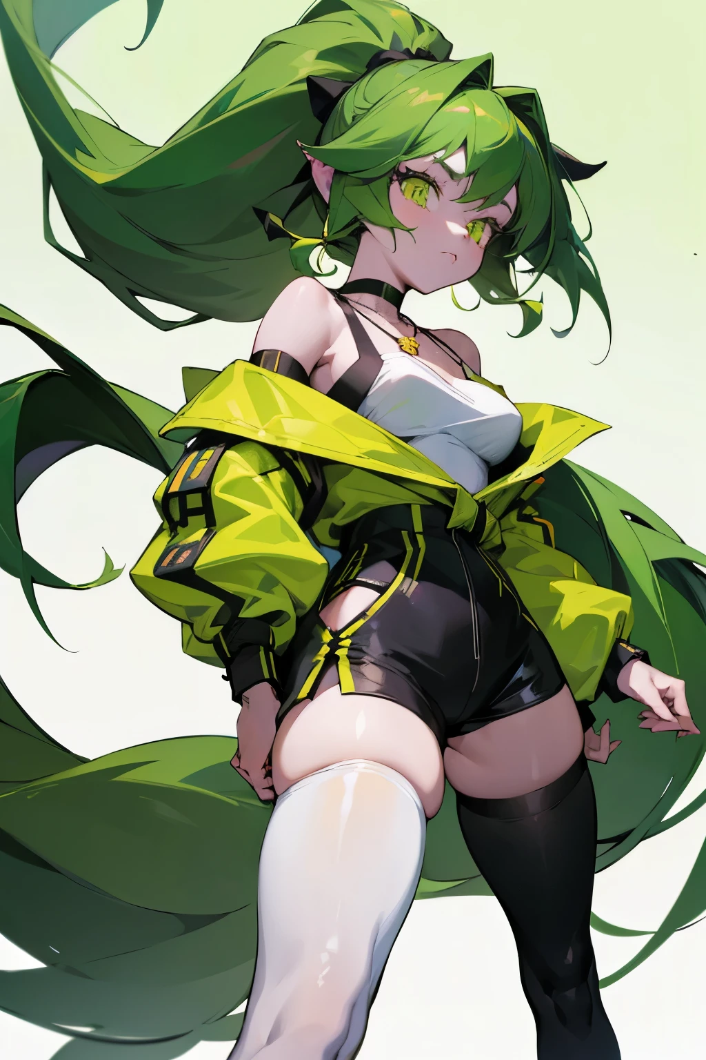 "Anime-style young girl with long green hair tied in a high ponytail, wearing a white off-shoulder blouse with black straps, black high-waisted shorts, and white thigh-high stockings. She has yellow eyes and is wearing black sneakers with green accents. Accessories include a black choker and a necklace with a pendant. ”