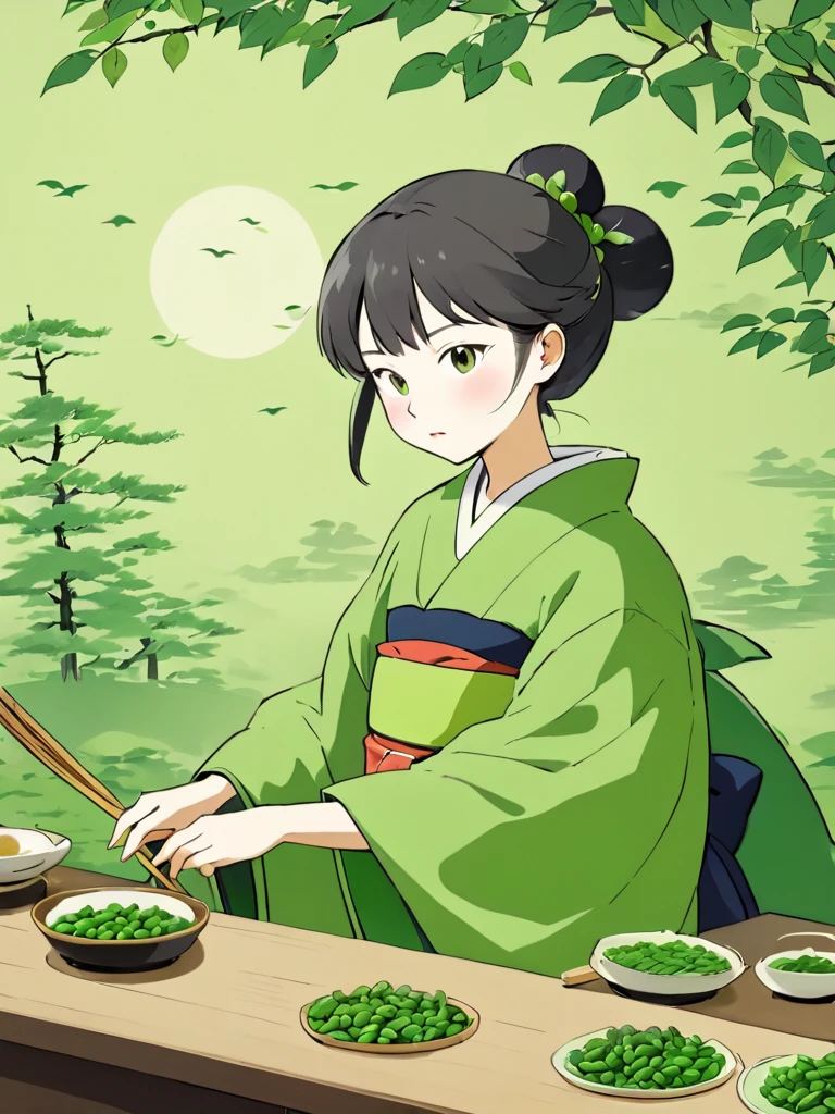 Japanese woman in kimono, witch, cartoon, green beans background, round green beans on the table, Japanese environment background