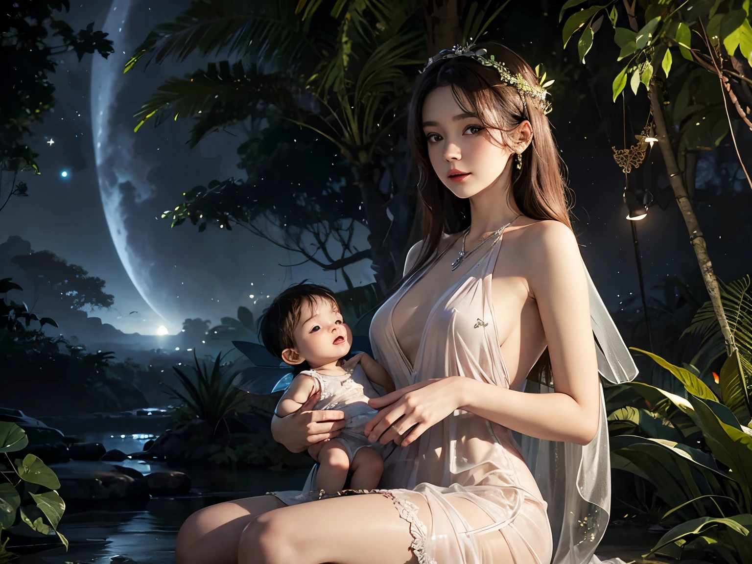 Best quality, realistic, image of beauty woman hold year-old babyboy, looking camera, transparent dress, fairy, naked, jungle, night sky background