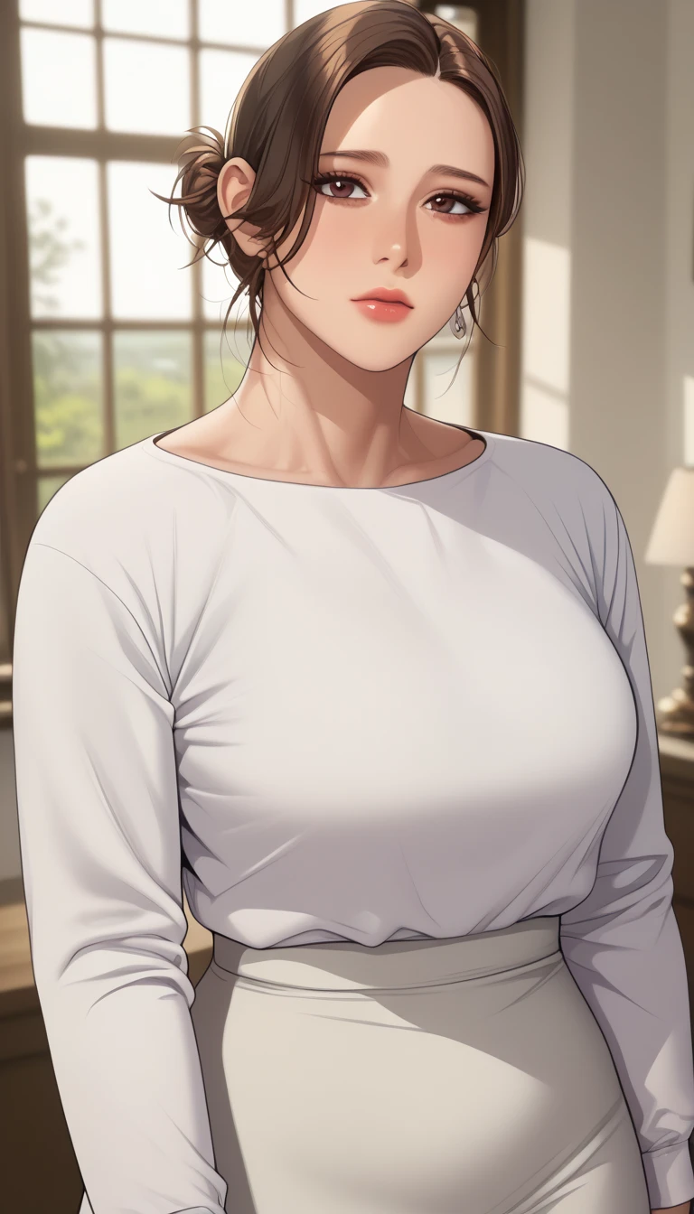 (masterpiece, best_quality:1.2), 1girl, solo, mature female, a1m33, brown hair, low bun, (housewife:1.5, casual clothes, skirt, long sleeves), beautiful eyes, female focus, large breast, wide hips, looking at viewer, ((close up shot)) ((solo)) detailed, very high resolution, no blurry image, (cowboy shot), standing, beautiful, serene expression, intricate details, detailed background, indoors