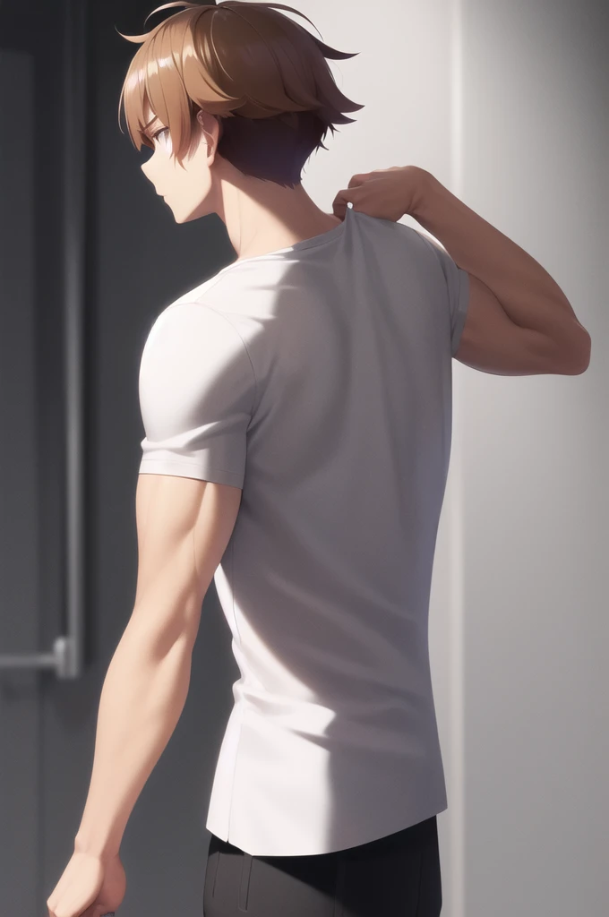 Back view of a man with short brown hair wearing a white T-shirt