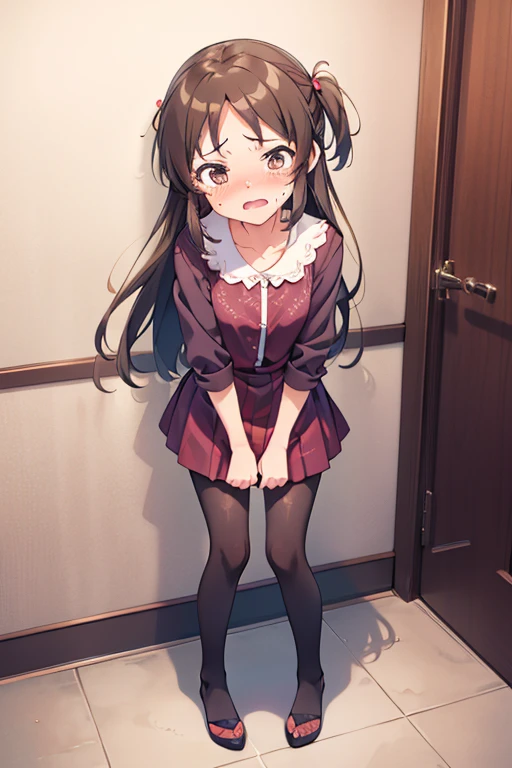  1 girl,  high definition ,  turn your gaze ,  open her mouth ,  and blushing ,  open their mouths slightly, tears, Awkward,  crying expression , anime,  super detailed,  gentle colors,  anatomically correct,  high detail,  textured skin ,  very detailed , kousakareina、Peeing、Character portrait, whole body、　おしっこ、　間に合わない  from front full body look at viewer standing トイレ前
 