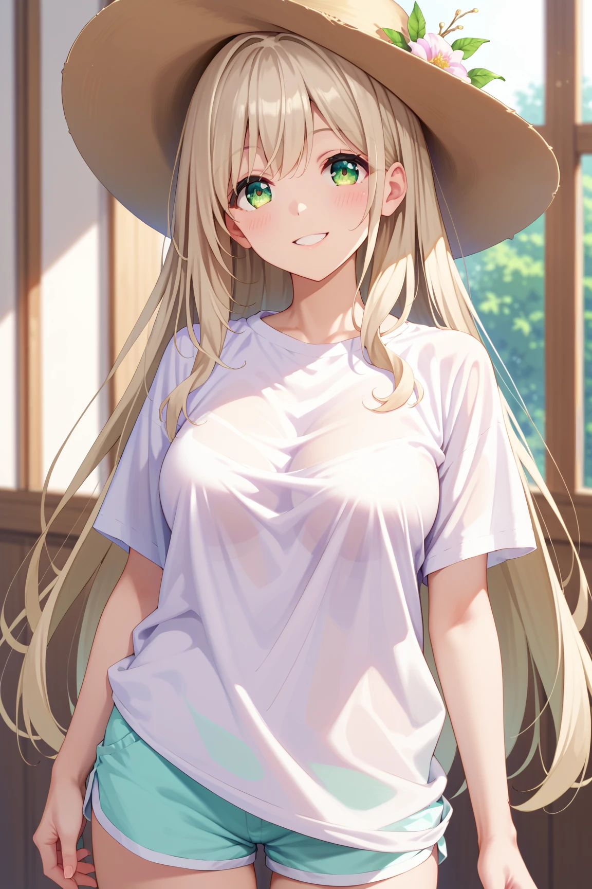 masterpiece, best quality, 8k Ultra HD, extremely delicate detailed, nonomi izayoi, cowboy shot, (no hat:1.3), shoot from front, solo, beautiful face, light green eyes, (finely detailed eyes, beautiful eyes), large and beautiful breasts, (long hair, light Ivory hair), light smile, blush, standing, (baggy clothes:1.2), t-shirt, (tented shirt:1.3), shirt overhang, Low rise shorts,