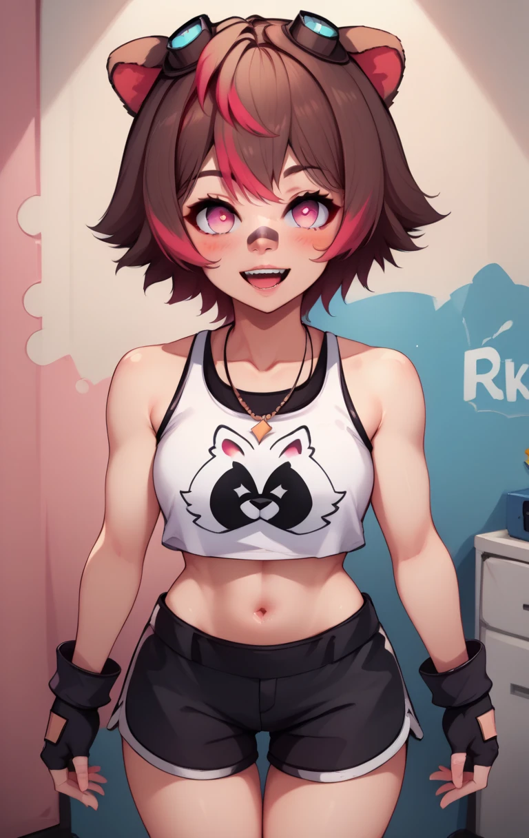 score_9, score_8_up, score_7_up, BREAK,   RakkunVTSDXL, 1girl, solo, looking at viewer, blush, smile, short hair, open mouth, brown hair, shirt, gloves, navel, animal ears, bare shoulders, jewelry, collarbone, white shirt, red hair, :d, cowboy shot,  shorts, teeth, black gloves, midriff, fingerless gloves, pink eyes, necklace, streaked hair, crop top, short shorts, upper teeth only, black shorts, thigh gap, tank top, bandaid, bandaid on face, room background,