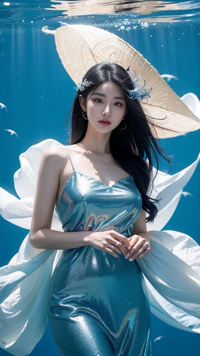 The breathtaking Korean idol, the beautiful goddess of the wind 、 She is wearing a costume with a delicately decorated fish motif 。 Wearing an elegant, flowing indigo dress that shines in rainbow colors 、 has fine scale patterns and marine designs that highlight her connection to the sacred ocean 。彼女の表情は Mystery的で、 has a gaze that captivates the viewer 、 holds a beautifully decorated, magnificent spear in one hand 。 with long, jet black hair drifts gracefully underwater 、 sways fascinatingly as if she were dancing a celestial dance 。Background、水面から差し込む柔らかい光の束が場面全体を Mystery的な輝きで包み込む水中の世界で、Corals and bubbles 、 richly depicts marine life that shines faintly 。Overall、 Mystery、Beauty、 A scene with an overwhelming sense of nobility 。