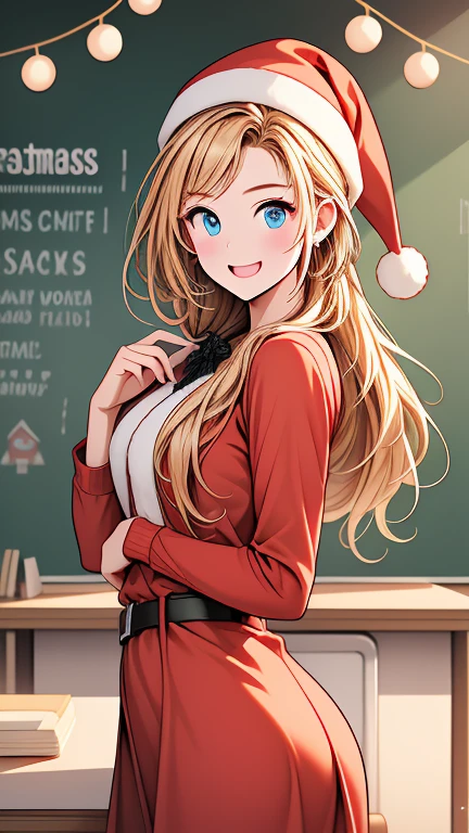  Christmas winter scenery   ，   christmas illustration，masterpiece 、   high definition     ， top quality，   Detailed explanation  ，   cute face,  beautiful face，  beautiful womanの一人  、２7 years old、  school teacher    、 blonde alone   、    blue eyes、  sexy Santa Claus costume、    school classroom、    happy face 、    blackboard    、smile、((    cowboy shot leading to the climax  ))、((   beautiful woman))