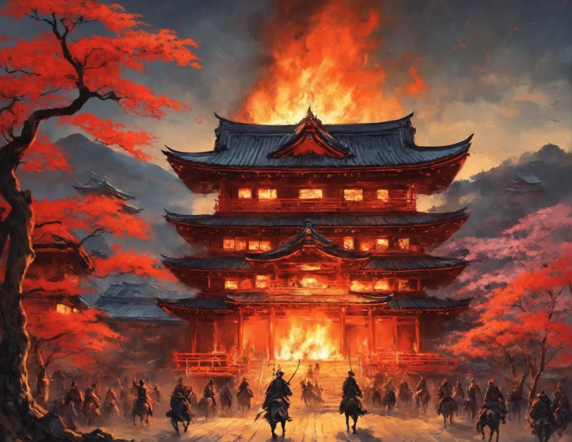 The general looks at the temple、Japanese Samurai、 samurai surround the burning temple at midnight 、 surround the burning temple、Horde of mounted warriors 、Samurai staring at the temple 、The Honnoji Incident