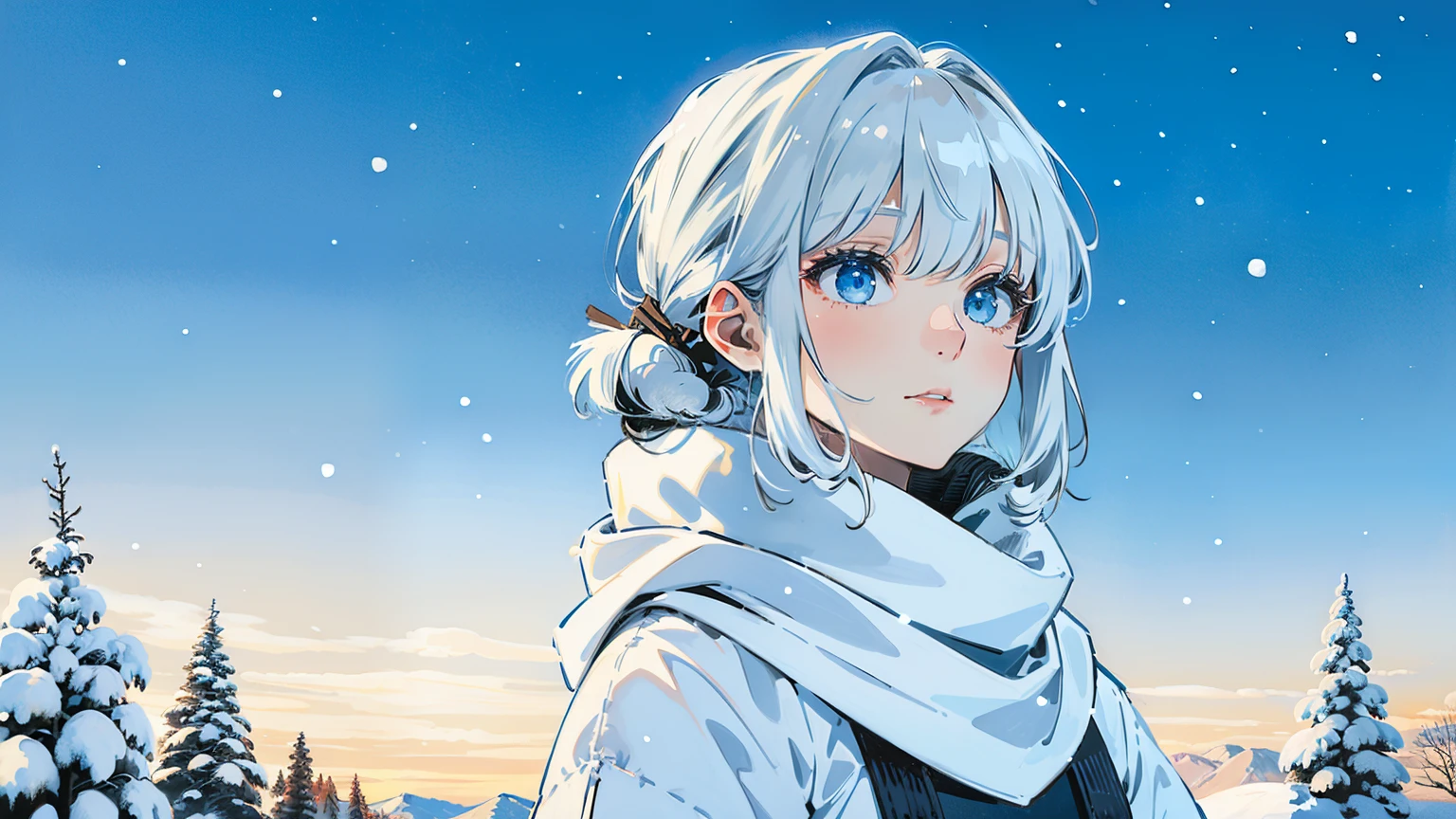 (best quality,4k,8k,highres,masterpiece:1.2),ultra-detailed,white hair,scarf,snow,portrait,icy blue,soft illumination,crisp shadows, winter,serene expression,magical solitude,vivid colors,subtle gradients,fine brushstrokes, ((winter wonderland background, falling snow, night time)), (((she is staring up at the sky while standing)))