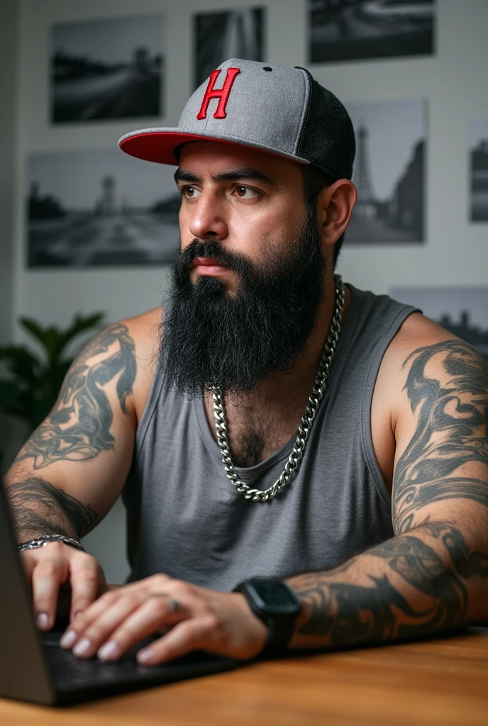  A 38-year-old man with a manly physique and intricate tattoos covering both arms and part of his chest. He wears a gray cap with a red visor and an embroidered 'H' logo .  He has a thick and well-groomed beard ,  a thick silver chain necklace ,  and a modern watch on his left wrist .  He is seated in front of a wooden table , typing on a keyboard ,  with an expression of concentration and determination .  The background shows a wall decorated with black and white pictures of urban landscapes ,  creating a professional and artistic environment .  The soft lighting highlights the details of his skin , tattoos and accessories . MEDIUM SHOT, centered on the upper body,  with a realistic and dynamic approach to his posture and environment .