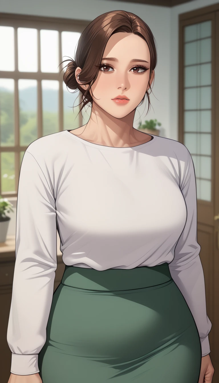 (masterpiece, best_quality:1.2), 1girl, solo, mature female, a1m33, brown hair, low bun, (housewife:1.5, casual clothes, skirt, long sleeves), beautiful eyes, female focus, large breast, wide hips, looking at viewer, ((close up shot)) ((solo)) detailed, very high resolution, no blurry image, (cowboy shot), standing, beautiful, serene expression, intricate details, detailed background, indoors