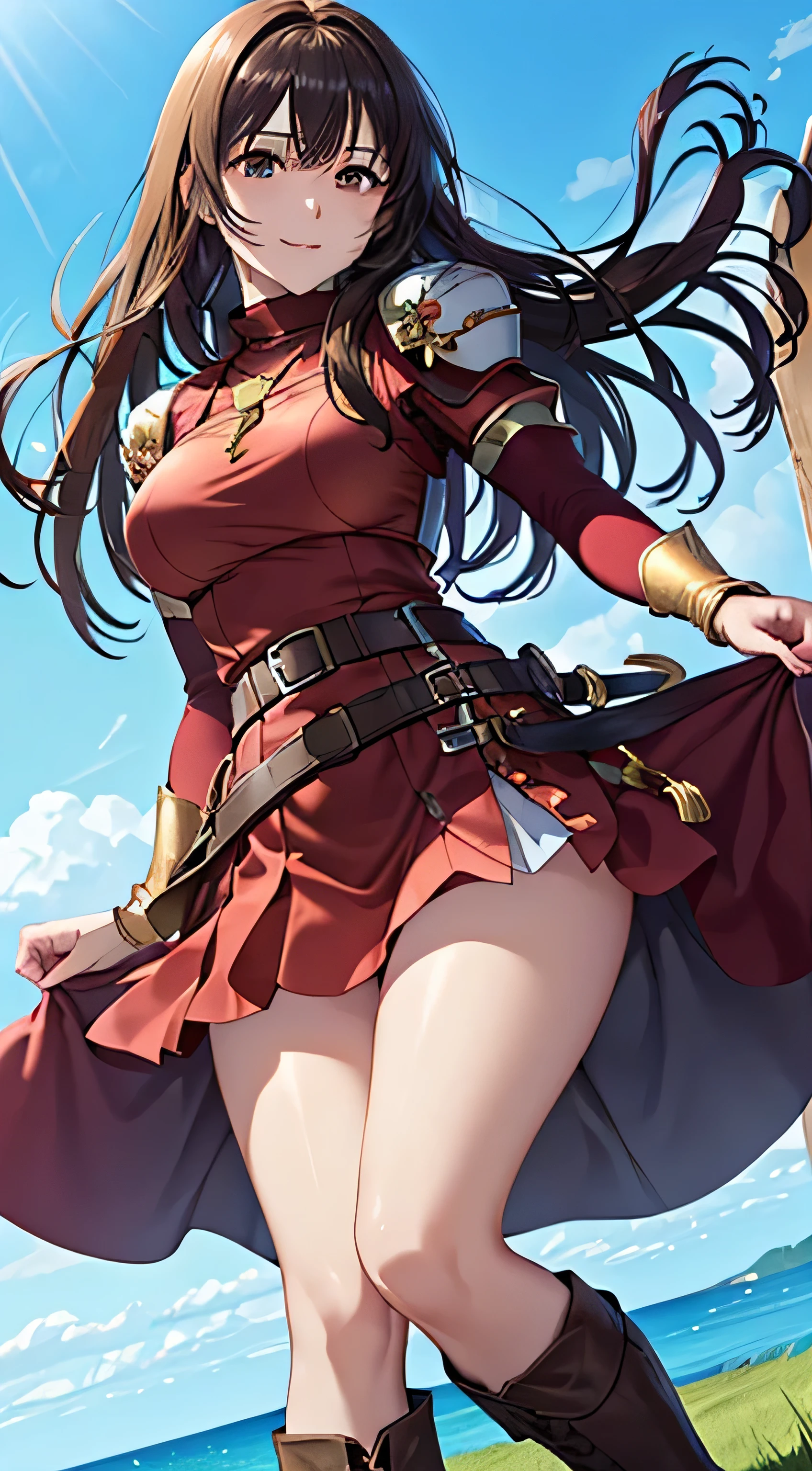 (( , top quality, , pixel perfect, 4K,))), 1 female , 、 (( mid-length wavy hair 、, Light Brown Hair 、 )), (( brown eyes , Beautiful eyelashes , realistic eyes)), (( detailed face , )), (( smooth texture:0.75, realistic texture:0.65, realistic :1.1, anime CG style)), pose using medium bust , dynamic angle , perfect body , (( , ,, , , , Red and black dress , red and black long flared skirt holding a thin saber for women,Gold Shoulder Armor 、The wind blows from below and lifts the skirt、 Knee High Boots , Gold and Black Arm Guards , belt、 、)), 、 cross necklace 、 、 (large grassland)、The ocean can be seen in the distance 、、、 、 cute smile、 , 、、、、、、)