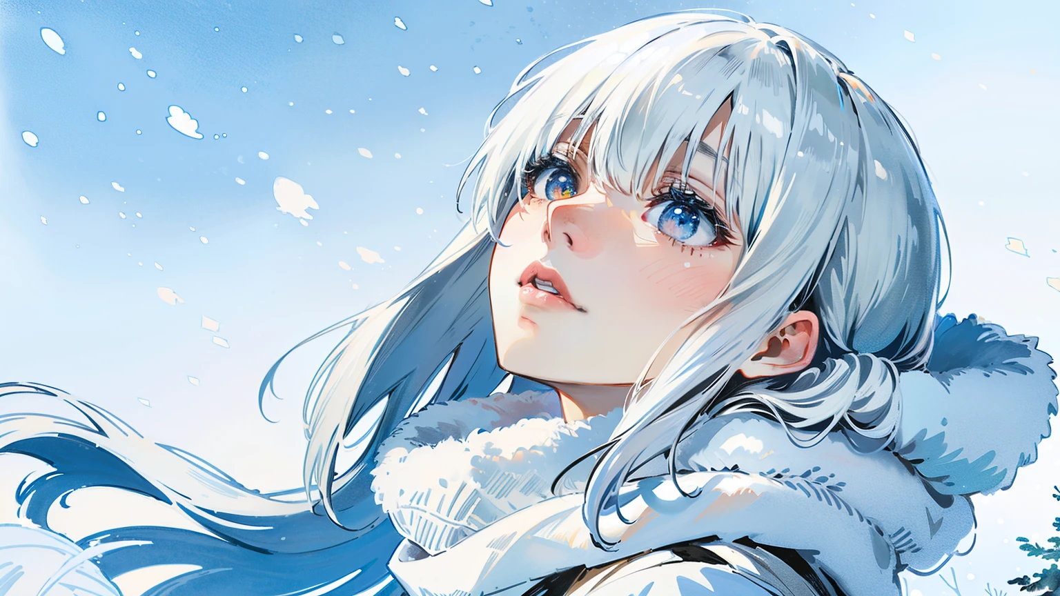 (best quality,4k,8k,highres,masterpiece:1.2),ultra-detailed,white hair,scarf,snow,red eyes,portrait,icy blue,soft illumination,crisp shadows, winter,serene expression,magical solitude,vivid colors,subtle gradients,fine brushstrokes, ((winter wonderland background, falling snow, night time)), (((she is staring up at the sky)))