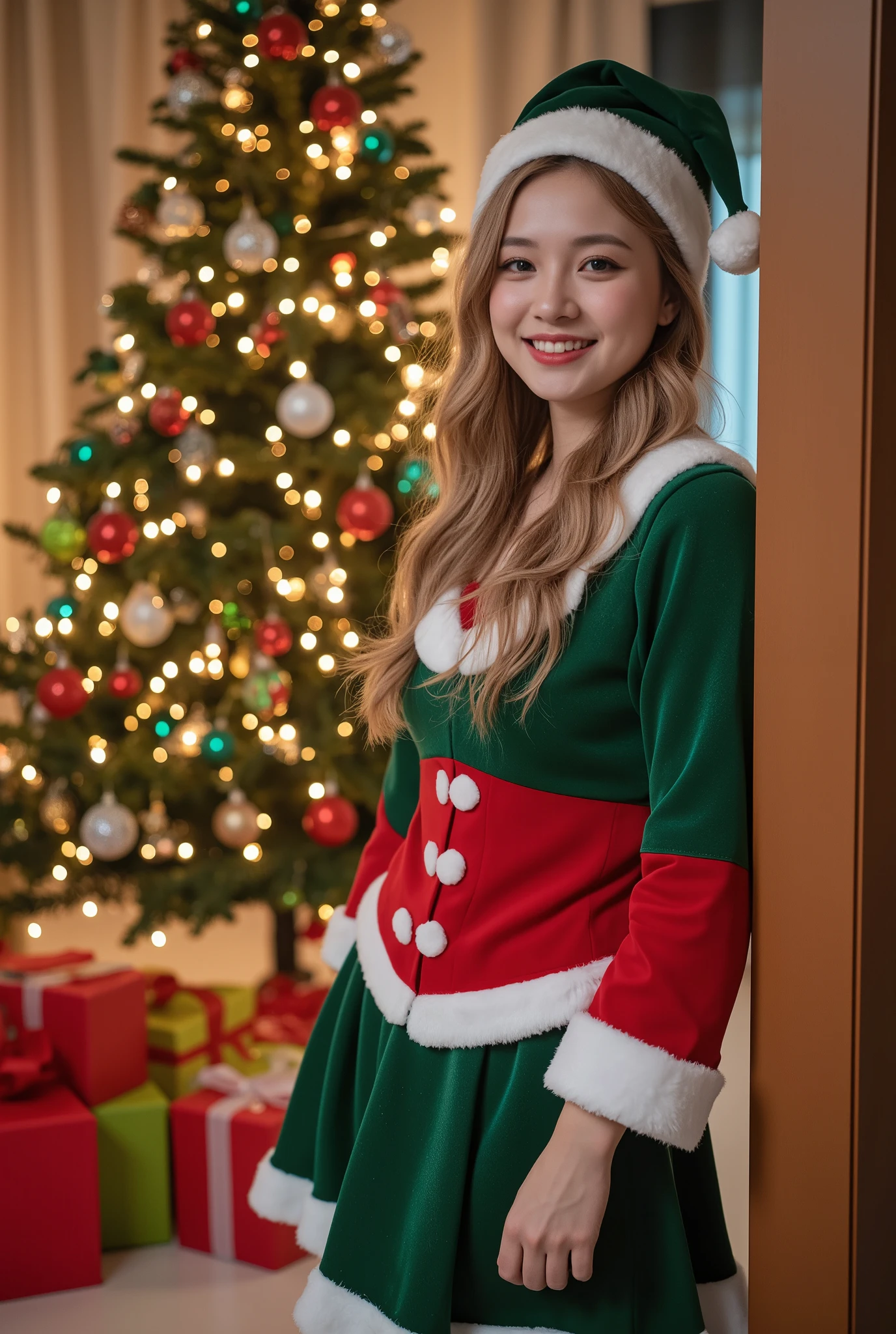 A cheerful young woman in a festive Christmas outfit, standing beside a beautifully decorated Christmas tree with glowing lights and colorful presents in the background. She is wearing a green and red holiday-themed costume accented with white fur trims, complete with a Santa hat, and is smiling warmly at the camera. The lighting is soft and warm, enhancing the cozy holiday atmosphere.