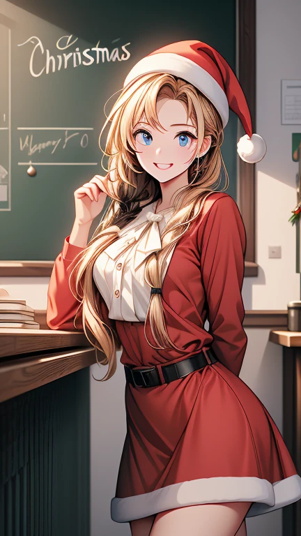  Christmas winter scenery   ，   christmas illustration，masterpiece、   high definition     ， top quality， 8ｋ，Detailed explanation  ， cute face,  beautiful face，  beautiful womanの一人  、２8 years old、  school teacher    、 blonde alone   、  blue eyes、  sexy Santa Claus costume、    school classroom、    happy face 、    blackboard    、smile、((    cowboy shot leading to the climax  ))、((   beautiful woman))