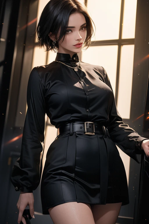 Woman in a black suit,  short hair,  miniskirt,  black stockings , I have a tablet computer, ,  very detailed, photo realistic , 8k, masterpiece, ( top quality:1.2), ( realistic :1.37),  elegant ,  professional,  dynamic pose ,  Studio Lighting , Dramatic lighting,  cinematic ,  beautiful detailed eyes,  Beautiful Detailed Lips ,  very detailed顔と特徴,   intricate details , hyper realistic ,  Seamless  , No scars, Refined,  high fashion ,  glamorous, confident, City Background,  urban setting，secretary