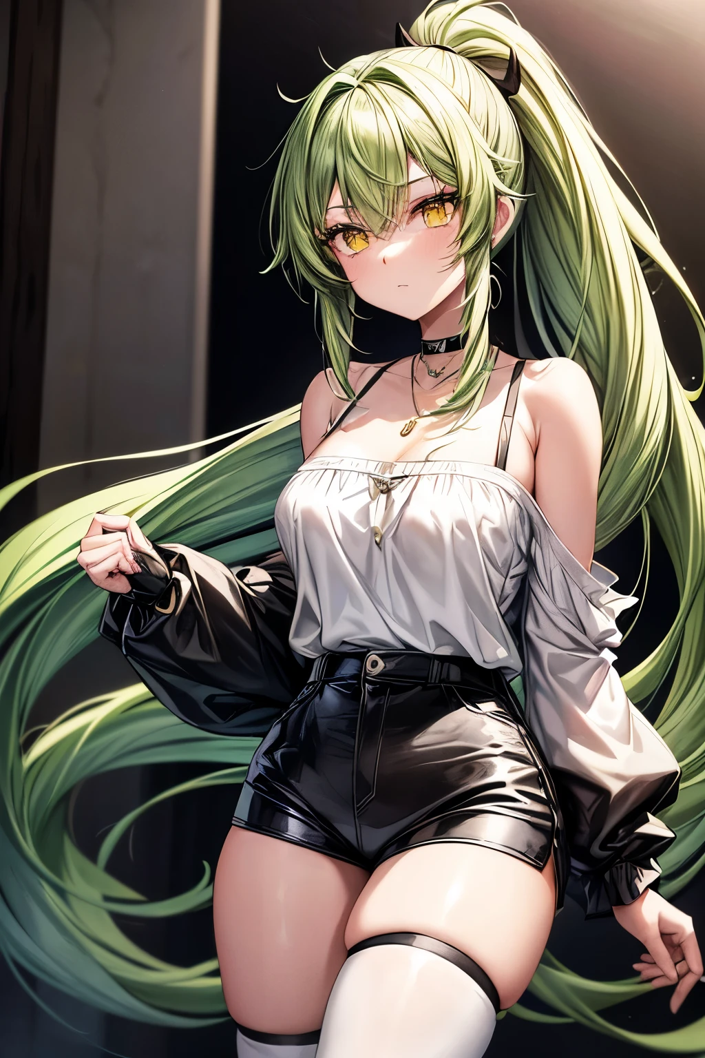 "Anime-style young girl with long green hair tied in a high ponytail, wearing a white off-shoulder blouse with black straps, black high-waisted shorts, and white thigh-high stockings. She has yellow eyes and is wearing black sneakers with green accents. Accessories include a black choker and a necklace with a pendant. White back ground.”