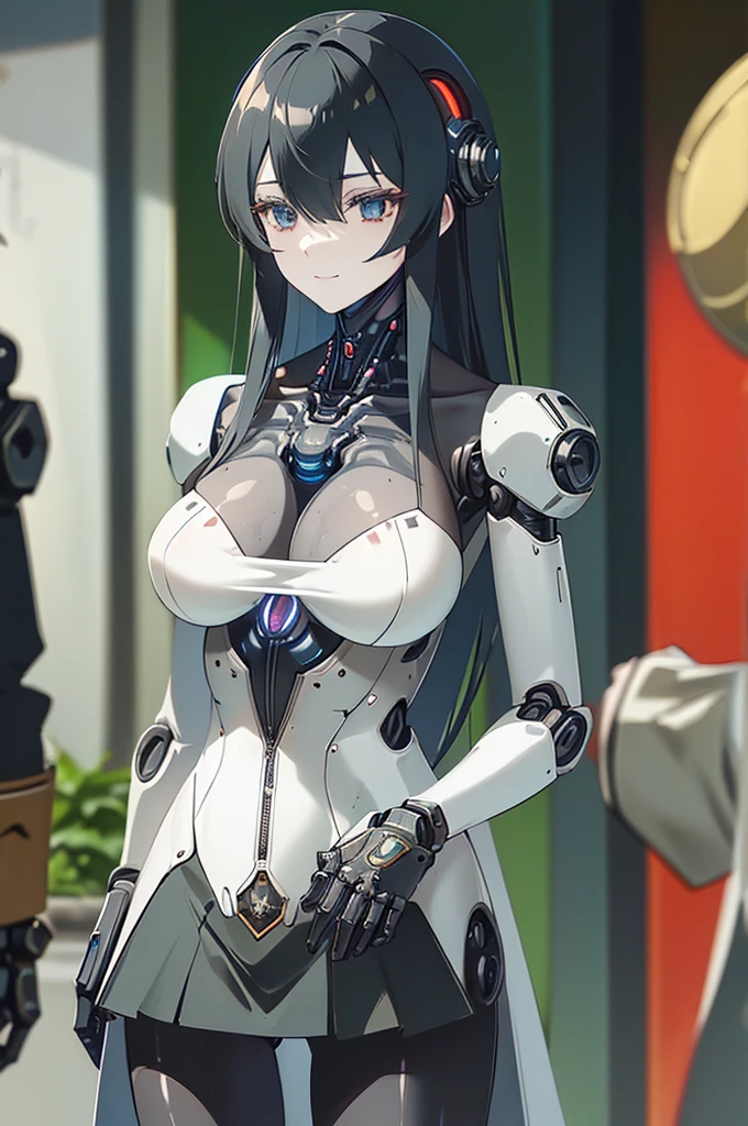 (masterpiece),(Highest quality),(Super detailed),(Best illustrations),(Best Shadow),(Absurd),(Detailed Background),(so beautiful), 16K, 8K, 4K,(Best Shadow),robotization,woman ,big bust,Robot Joint ,Metal skin,Black robot Suit,long hair,a black robot suit that covers the whole body,robot hand,cyber bodysuit,mecha head,(Detailed hands and fingers:1.2),Ball joint robot body,doll joint,beautiful face,beautiful robot girl,robotic eye,robotic hands,(no more human skin),android girl,cyborg girl,F cup, sexy body,(machine made joints:1.2),(machanical limbs:1.1),(blood vessels connected to tubes),(mechanical vertebra attaching to back),(mechanical cervial attaching to neck),no messy picture style,no emotion,tech control,black robot suit,maintenance,smile,hypno,mini skirt,black tights,black pantyhose