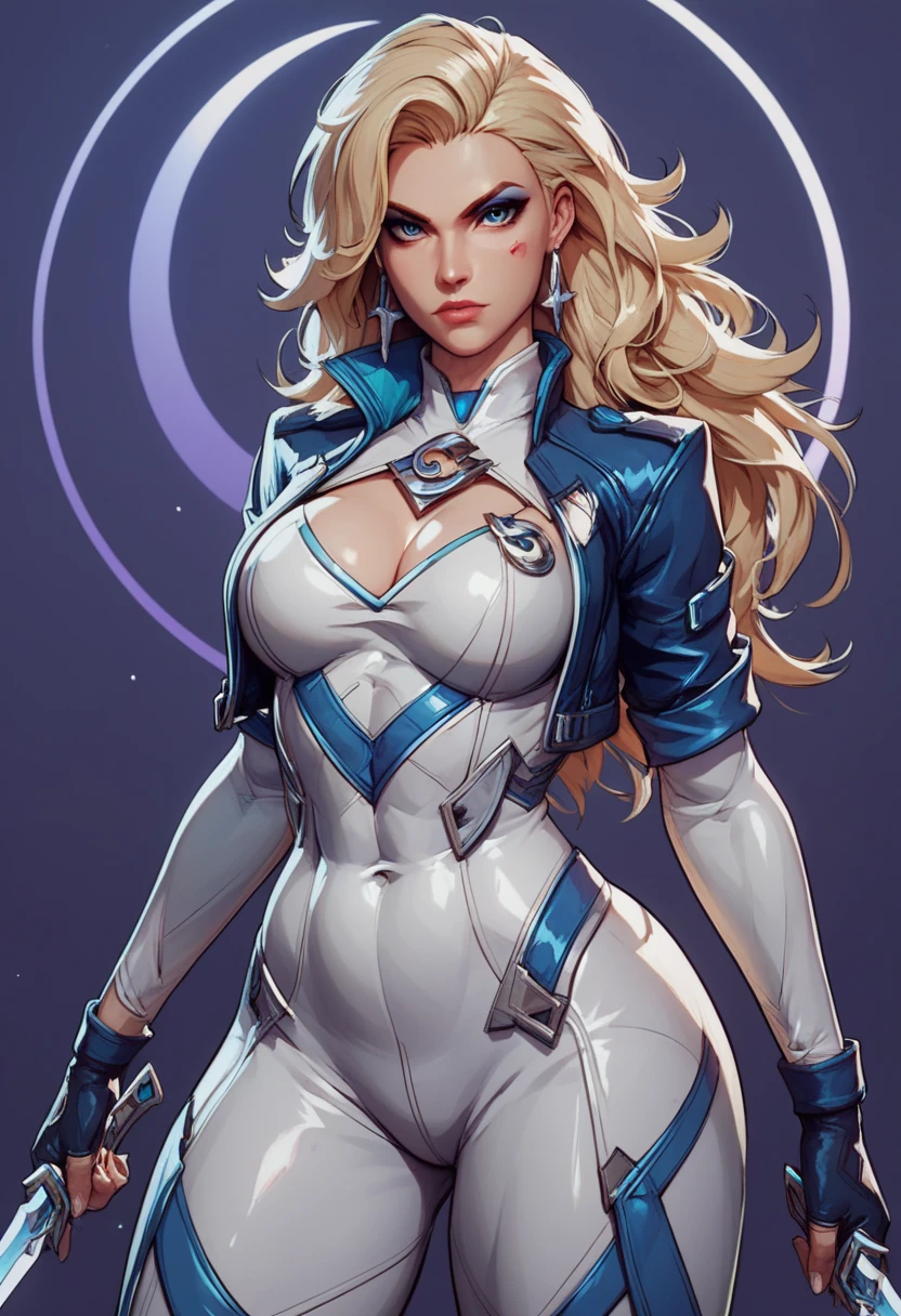  score_9, score_8_up, score_7_up, score_6_up, expressiveh, dagger_rivals, 1girl, solo, cowboy shot, blonde hair, long hair, eyeliner, blue eyes, moon mark, earrings, from front, cropped jacket, bodysuit, white bodysuit, white clothes, fingerless gloves, blue details, looking at viewer, purple background, geometric shapes, sexy, sexy big boobs , sexy big hips, big boobs , huge boobs , very huge tits
