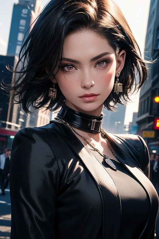 Woman in a black suit,  short hair,   casino dealers ,  very detailed, photo realistic , 8k, masterpiece, ( top quality:1.2), ( realistic :1.37),  elegant ,  professional,  dynamic pose ,  Studio Lighting , Dramatic lighting,  cinematic ,  beautiful detailed eyes,  Beautiful Detailed Lips ,  very detailed顔と特徴,   intricate details , hyper realistic ,  Seamless  , No scars, Refined,  high fashion ,  glamorous, confident, City Background,  urban setting，